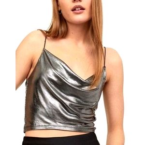 H&M Liquid Silver Draped Neckline Strappy Camisole Tank Metallic XL
